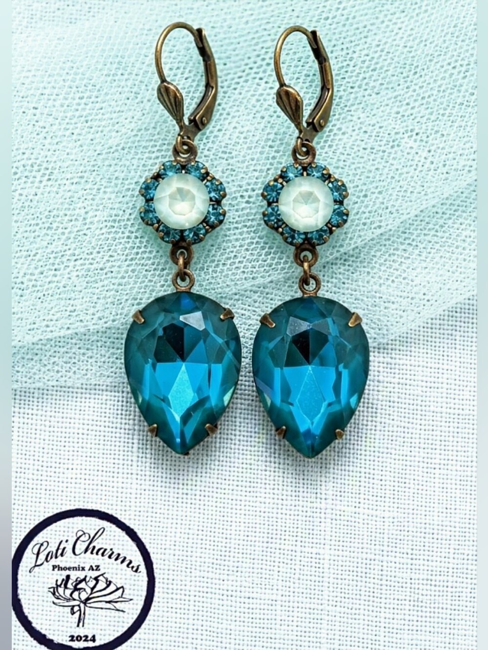 Ocean Blue Green & Mint Flower Swarovski Crystal In Brass Earrings